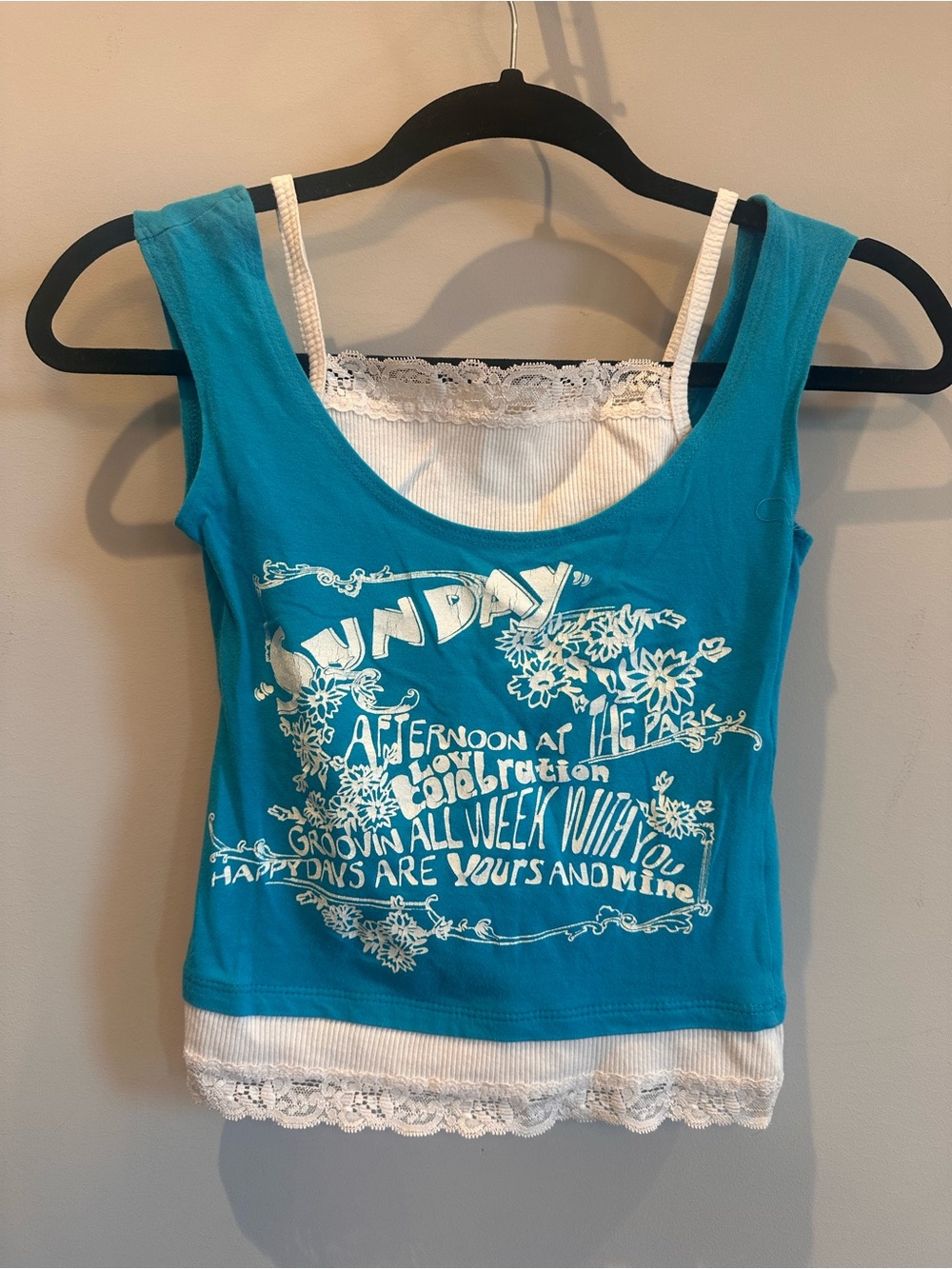 NWOT Turquoise Graphic Layered Tank Top with Lace Trim